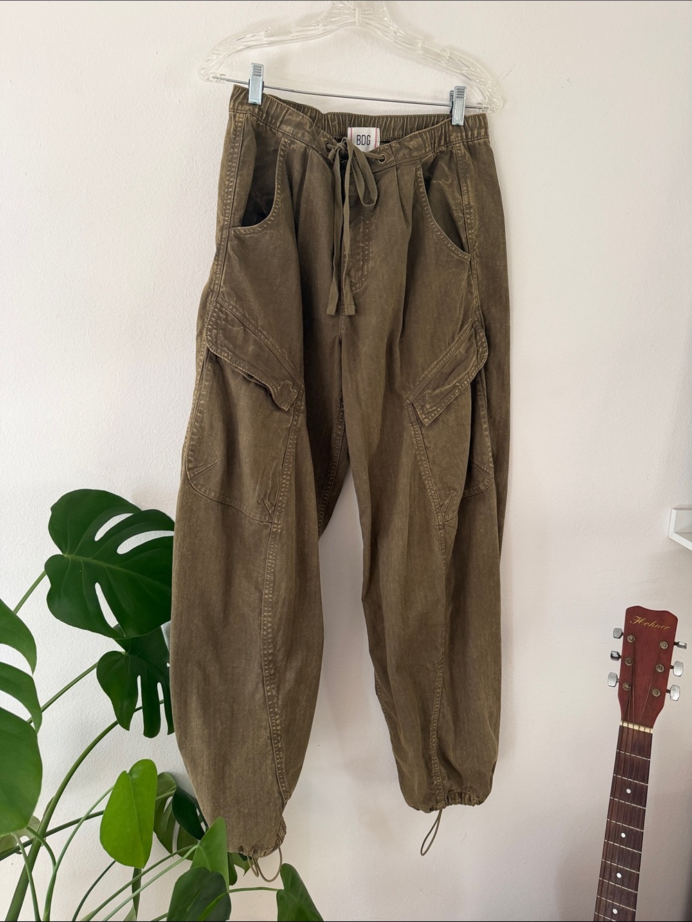 BDG Olive overdyed herringbone twill Cargo Barrel pants